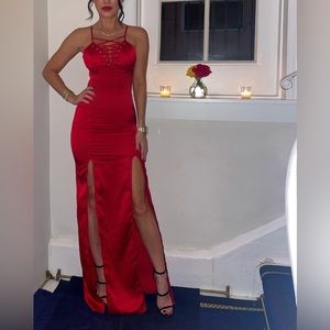 Red long dress two slits with silver detail on top